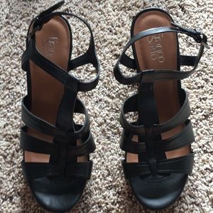 Franco Sarto black strapped cork heel sandal